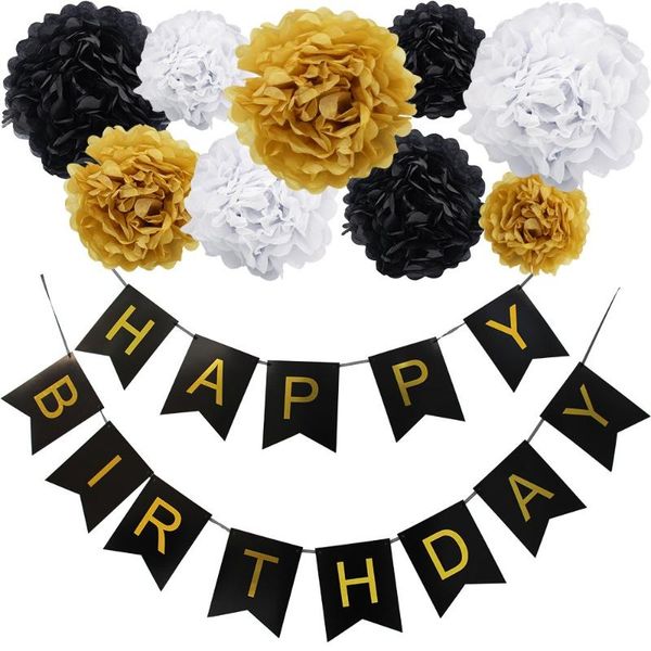 

party decoration birthday black and gold flag bunting decorations happy banner round paper garland perfect for