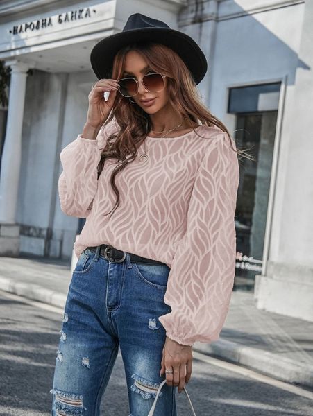 

plant pattern lantern sleeve chiffon blouse f4b3#, White