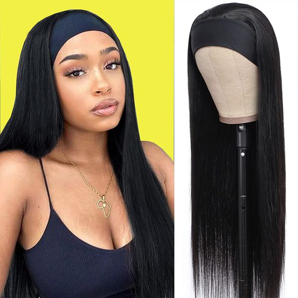 

march queen 26 28 inch headband wig human hair straight brazilian non remy head band wigs for black women full machine made wig, Black;brown