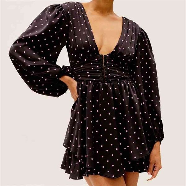 

women fashion vestidos summer dot short dress women's dresses deep v neck dark buckle long lantern sleeve mini dress 210520, Black;gray