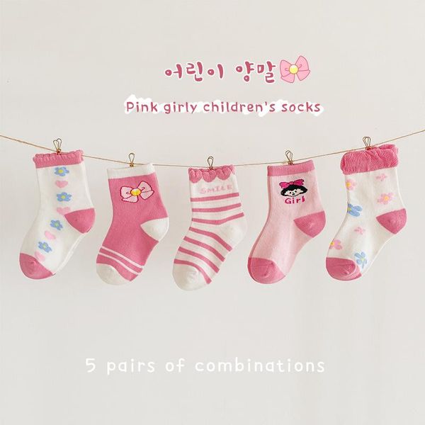 

socks girls cotton spring and autumn cartoon bow cute princess comb side girl 5 pairs toddler, Pink;yellow