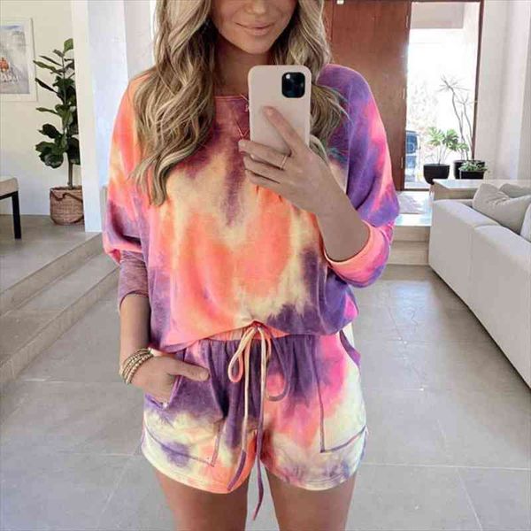 

women tie dye loungewear 2 piece set o-neck long sleeve sweatshirt drawstring shorts suits fluorescent tracksuits sets ladies, Gray