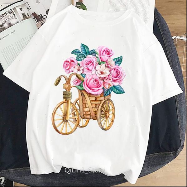 

vintage pretty loveheart flower bicycle women t shirt printed femme white harajuku kawaii clothes 90s streetwear shirts