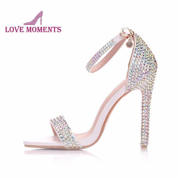 

luxurious bling ab crystal wedding shoes handmade rhinestone bride party high heels lady summer sandals with ankle strap dress, Black
