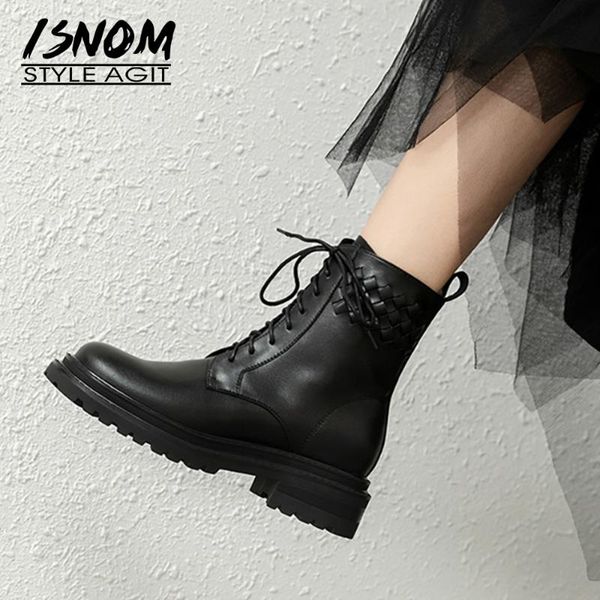 

boots isnom women geunine leather ankle motorcycle vintage retro side zip chunky heel platform woven non slip winter, Black