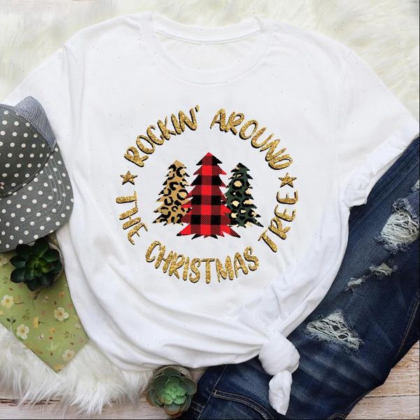 

women leopard plaid tree short sleeve 90s holiday merry christmas print lady female graphic tees clothes t shirt, White