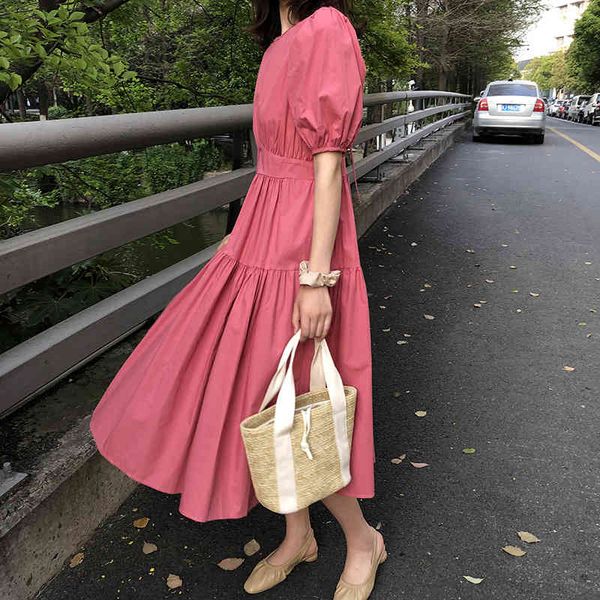 

women's t-shirt elegant style bubble sleeve 2021 lace up at the back mid-calf vestidos french white red long d0sc