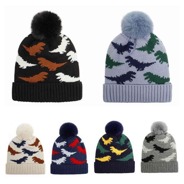 

cute cozy fleece lined warm toddler pom hat infant winter caps dinosaur pattern baby hats for 0-18 months y21111, Blue;gray