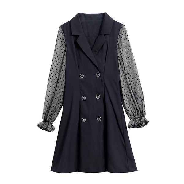 

casual dresses vsue women black notch collar polka dot mesh patchwork double breasted lantern long sleeve a-line mini dress d2012, Black;gray