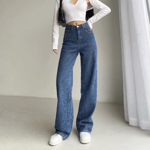 

vintage knitted jeans women's 2021 spring fashion loose high waist all-match straight trousers la4j, Blue