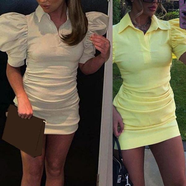 

casual dresses women puff short sleeve bodycon mini dress lapel v-neck solid color pleated ruched high waist slim party clubwear, Black;gray