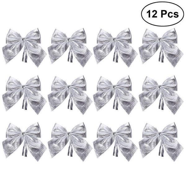 

christmas decorations 12pcs glitter bowknots tree ornaments pendant xmas hanging decor adornments holiday home party supplies (silver)1