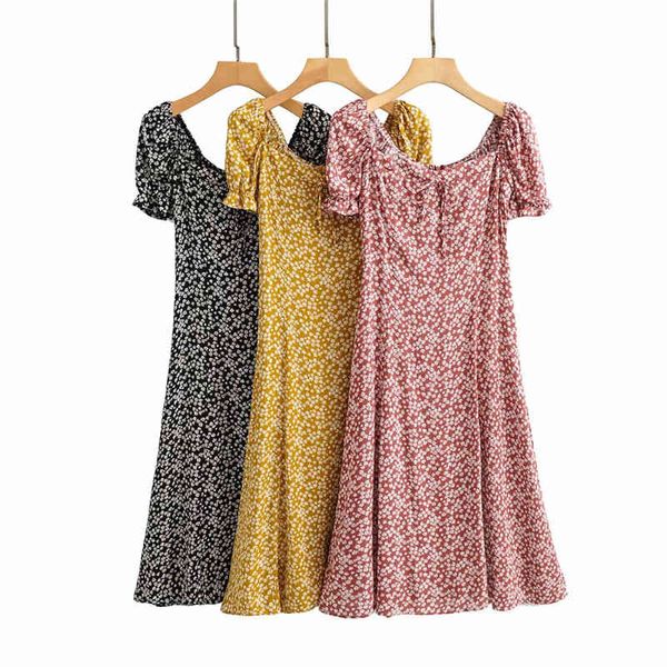 

vintage women floral print dress fashion ladies bow square collar streetwear female chic ruffles puff sleeve es 210427, Black;gray