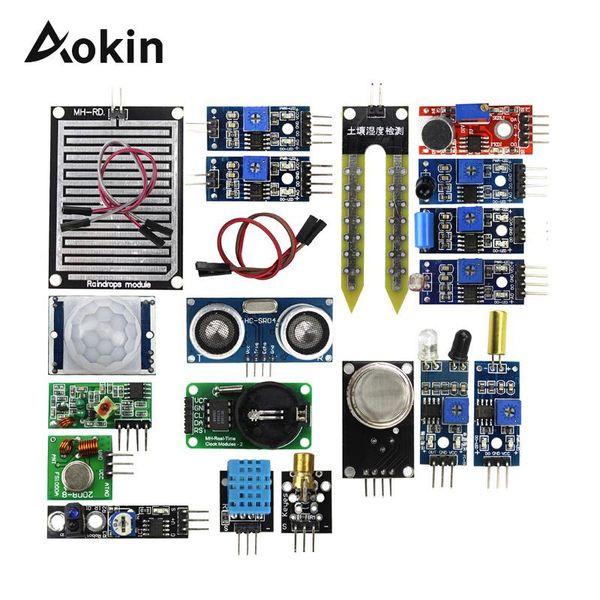 

integrated circuits 16pcs/lot sensor module board set kit for arduino diy raspberry pi 3/2 model b 16 kinds of rain/soil/temperature