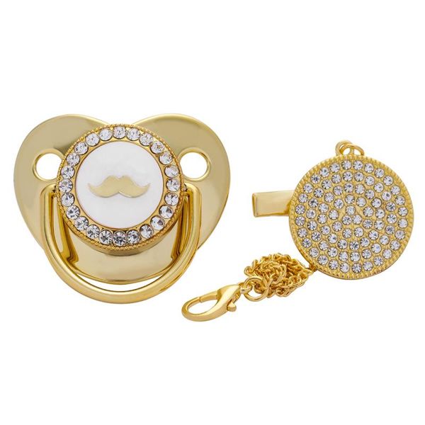 

pacifiers# blingonly design mustache shape gold rhinestone pacifier baby with metal chain clip