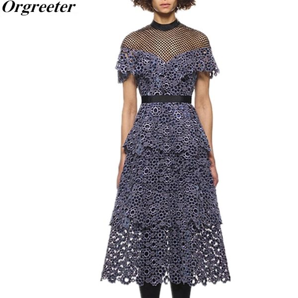 

high qality runway style self-portrait lace hook flowers dresses autumn shoulder perspective hollow long dress 210525, Black;gray