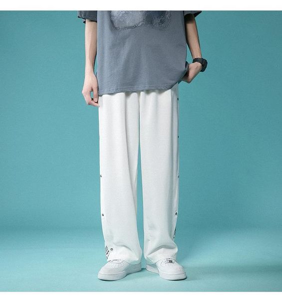 

men's pants summer tide thin ice silk relaxed casual cashew fruit hip hop button sports men, Black