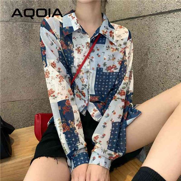 

spring vintage floral printing loose women blouse shirt button up patchwork oversize ladies long sleeve female clothe 210521, White