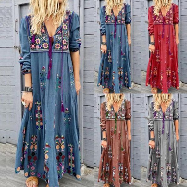 

casual dresses bohemian beach maxi drawstring v-neck long sleeve floral embroidery dress loose elegant retro vestidos, Black;gray