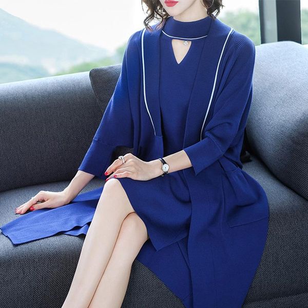 

women's two piece pants janeluxury brand elegant sets 2021 spring autumn knitted cardigan + short sleeves hollow out a line dress suits, White