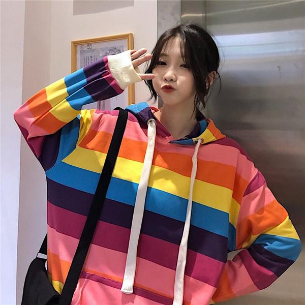 

women's hoodies & sweatshirts fashion korean rainbow stripes long sleeve clothing oversize pockets spring autumn causal harajuku, Black