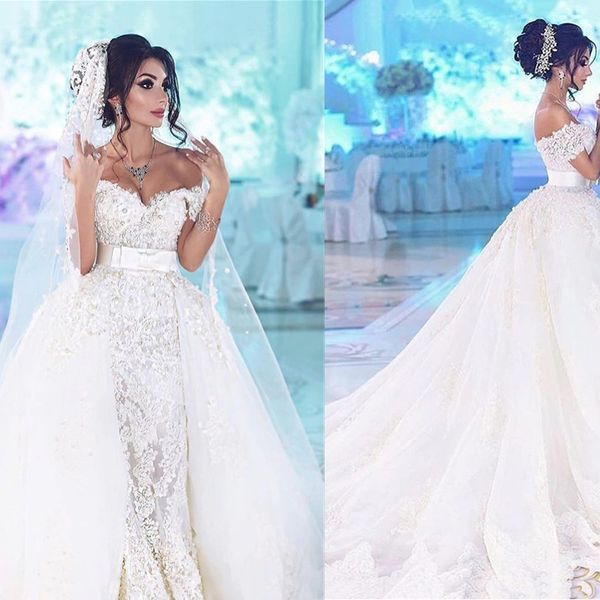 Laço luxuoso Vestidos de casamento Off-ombro espartilho corpete pérolas de cristal pérolas de cristal pérolas de strass tulle vestidos nupciais custos