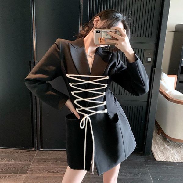 

[ewq] long sleeve women black suits slim white rope straps waist trend coat feminino brief bandage temperament blazer w608 women's & bl, White;black