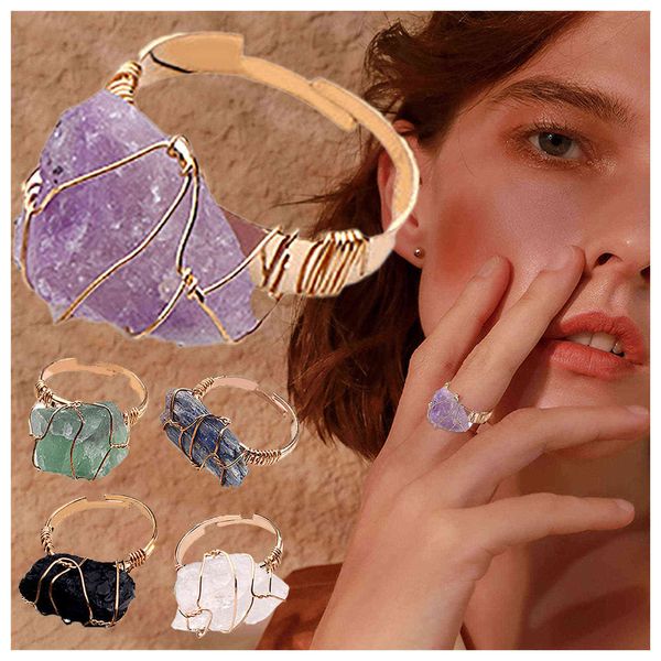 

natural stone crystal rings gold color wire wrap irregular amethysts quartzs adjustable finger ring jewelry for women gifts g1125, Slivery;golden