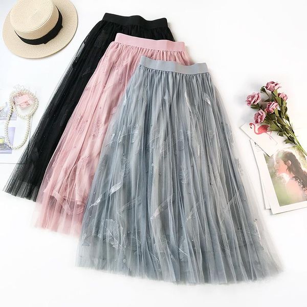 

skirts embroidery beaded fairy long mesh skirt for women high waist section feather casual solid a-line girl female bottom 2021, Black
