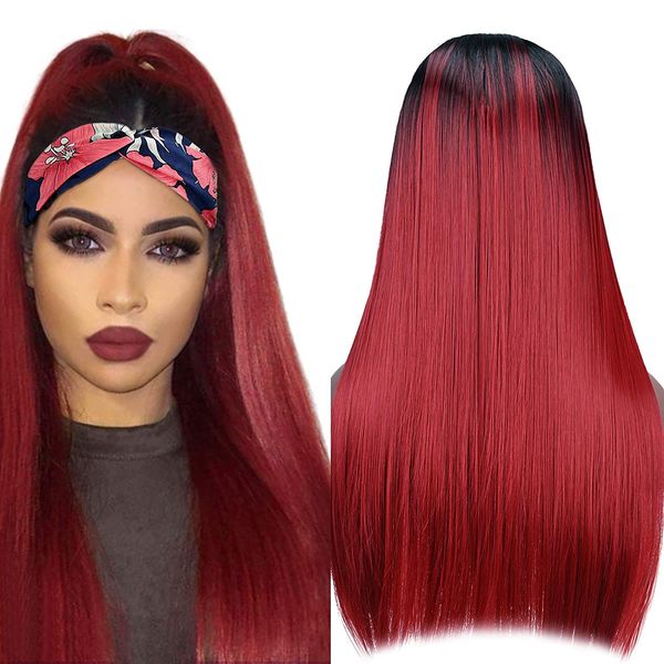 

ombre blue red headband wig long straight wig heat resistant glueless silky synthetic headband wig for women, Black