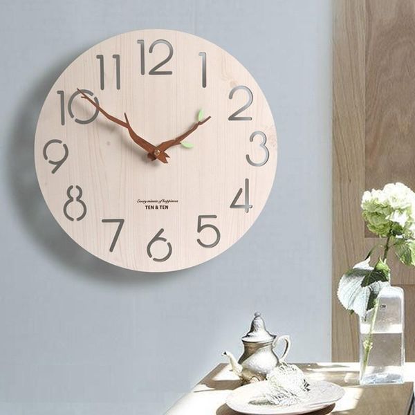 

wall clocks hollow wooden clock modern design trunk pointer nordic for child room 3d retro watch home decor leaf glowing 12 inch