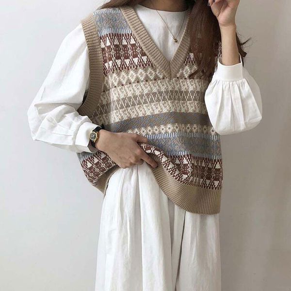 

2021 autumn snowflake sweater vest women v-neck knitted vest female retro waistcoat ladies school sleeveless vest for women, Tan;black