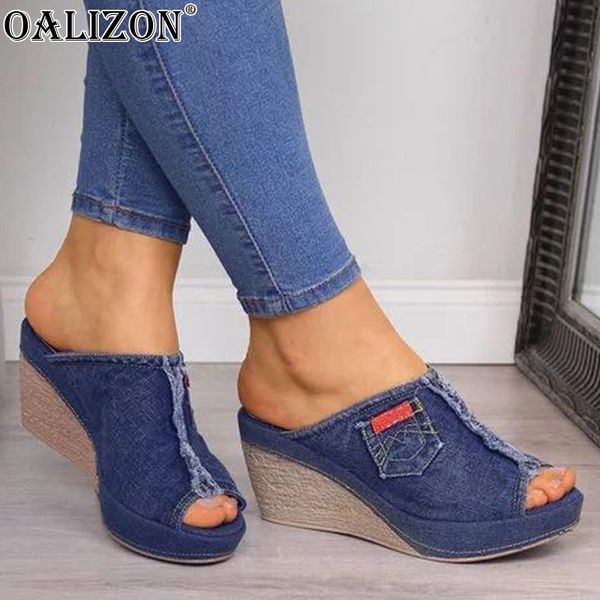 Estate donna denim zeppa tacchi alti peep toe infradito sandali con plateau diapositive pantofole scarpe