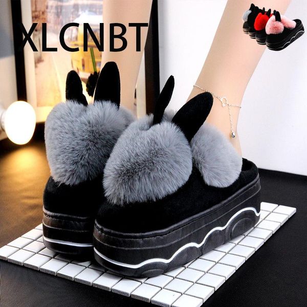 

slippers winter home slipper platform women shoes keep warm cute flock lady heels high heel females, Black