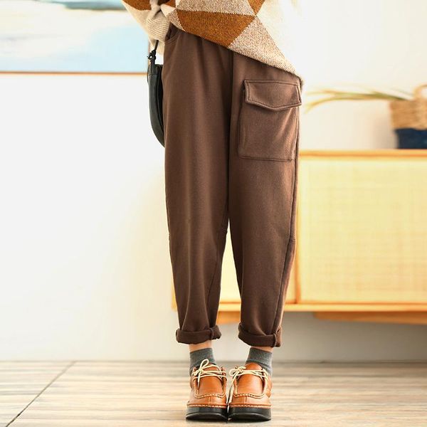 

women's pants & capris johnature full length pockets all-match elastic waist leisure harem 2021 autumn winter loose comfortable women, Black;white