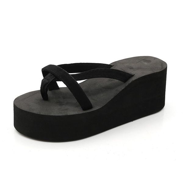

solid color beach flip-flops women's summer fashion casual high-heeled wedge-heeled platform flops ladies sandals flat slippers, Black