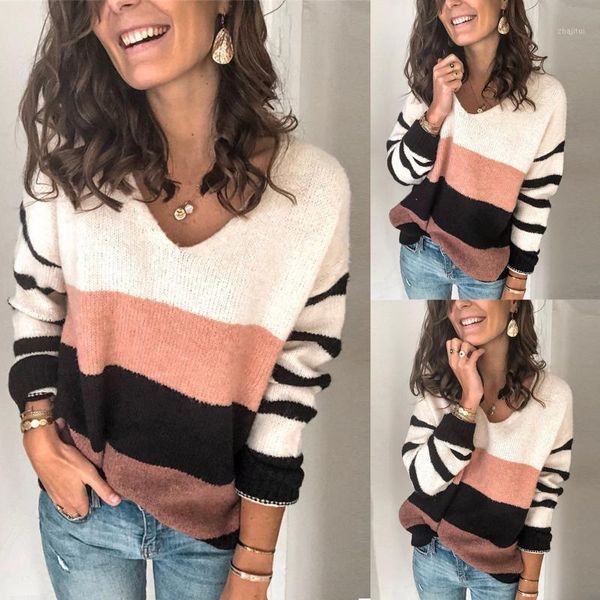 

autumn winter women's v-neck striped stitching long-sleeved knitting sweater dress female women 2021 sweaters, White;black