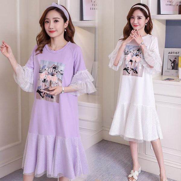 

maternity dresses clothes summer flare sleeve gauze patchwork pleated design loose stylish dress for pregnant women pregnancy, White