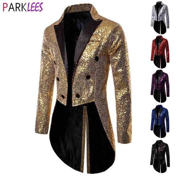 Brilhante lantejoulas ouro glitter tailcoat terno jaqueta macho dobro dobro casamento noivo do casamento tuxedo blazer homens festa festa traje de baile 210522