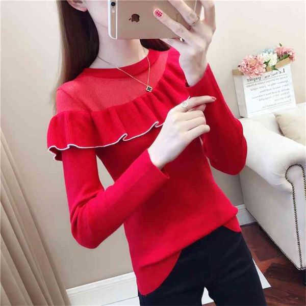 

bright silk hollow knitted sweater girl round neck long sleeve female ruffle bottoming sweaters autumn women patchwork 210427, White;black