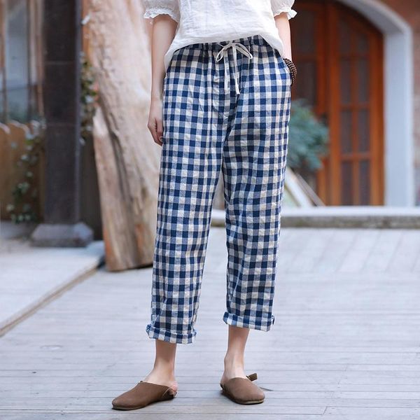 

women's pants & capris lzjn women plaid check elastic waist cotton linen harem pockets loose palazzo woman summer pantalon cropped, Black;white