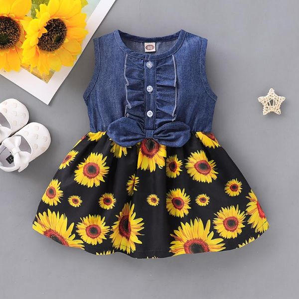 

girl's dresses toddler baby girls bowknot denim splice sunflower leopard print princess dress 2021 summer fashion girl vestido, Red;yellow