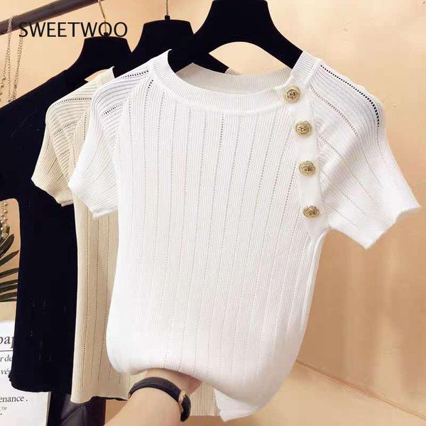 

women's t-shirt tee shirt hollow out t women knitted tshirt summer woman short sleeve button female clothes, White