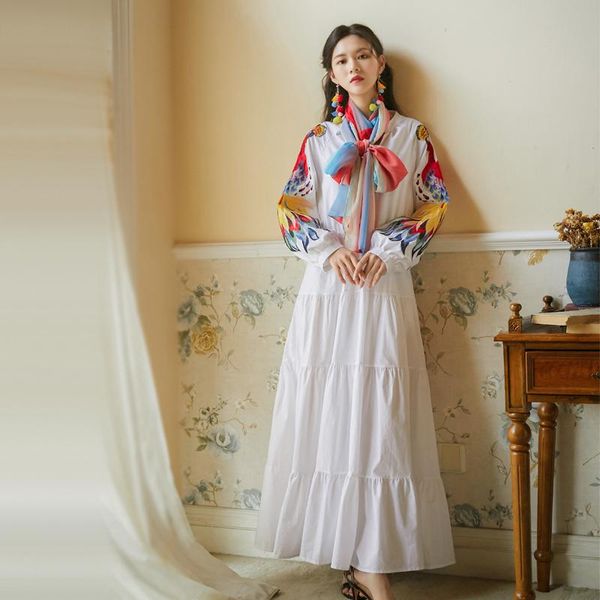 

casual dresses yosimi white party long women dress 2021 summer vintage v-neck phoenix embroidery ankle-length loose sleeve, Black;gray