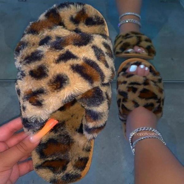 

women slippers leopard fur slides for winter warm house fashion indoor ladies cross, Black