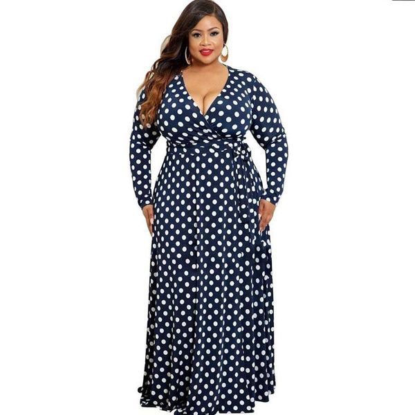 

casual dresses plus size dress women beach bohemian vestido long sleeve v neck floor length polka dot print maxi 5xl belt, Black;gray