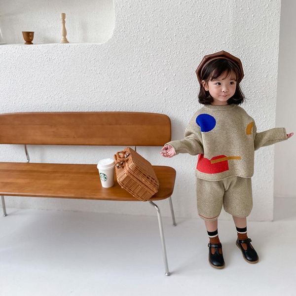 

clothing sets autumn winter fashion girls geometric pattern knitted thick clothes kids warm long sleeve sweater and knee length pants, White