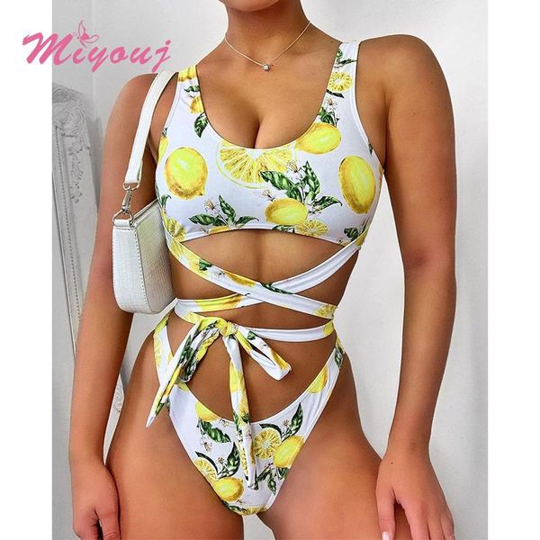 

bandage adjustable swimsuit fashion swimwear lemon print bathing suit female 2021 halter one-piece suits summer beach wear