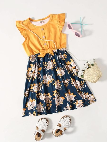 

toddler girls fake button bow front floral dress she, Red;yellow