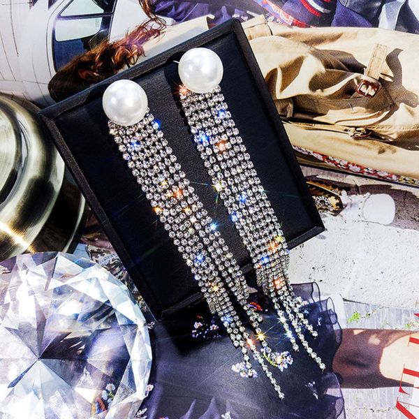 

earrings 925 silver needle temperament long pearl tassel full diamond earrings fashion exaggerated net red earrings female, Golden